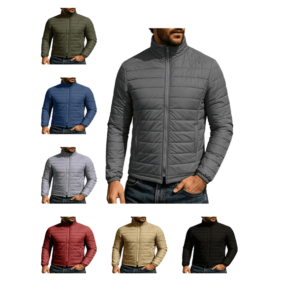 Atkumj Down Jacket Men Fashion Casual Stand Collar Full Zip Winter Coats Comfortable Warm Solid Color Long Sleeve Puffer Jacket S