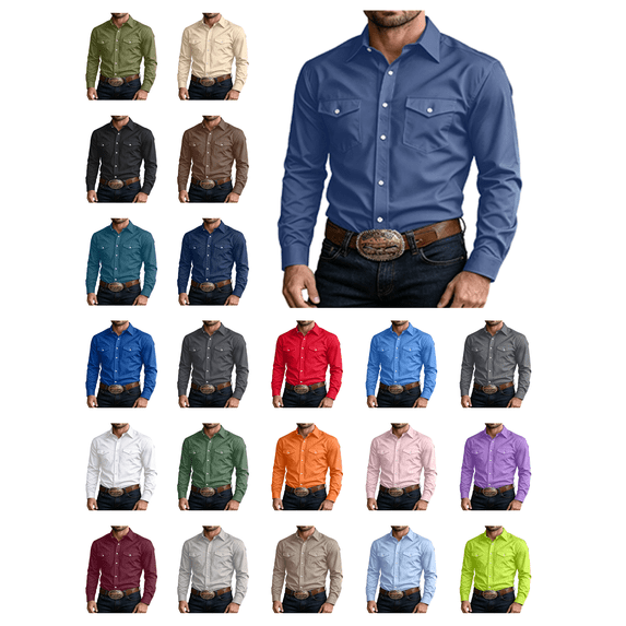 Atkumj Dress Shirts for Men Fashion Business Solid Color Long Sleeve Shirts Casual Turndown Collar Button Down Shirt with Chest Pockets 3XL