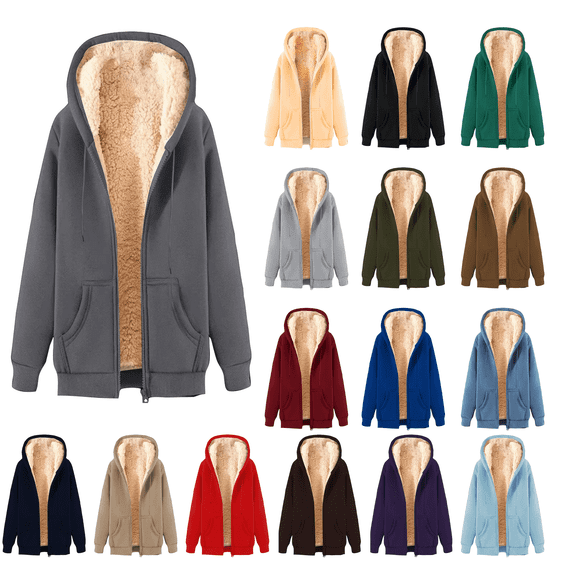 Atkumj Fleece Jackets for Men Warm Comfortable Lined Zip Up Winter Jackets Casual Solid Color Long Sleeve Hooded Sweatshirt with Pockets L