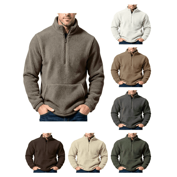 Atkumj Fleece Quarter Zip Pullover Men with Kangaroo Pocket Warm Comfortable Solid Color Sweatshirts Casual Stand Collar Long Sleeve Sweatshirt S