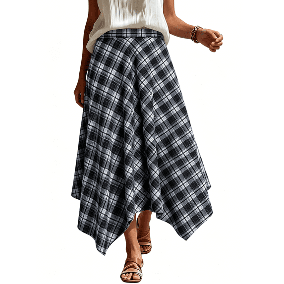 Atkumj High Waist Skirt for Women Trendy Plaid Asymmetrical Hem Womens Midi Skirt A Casual Vintage Skirt for Daily Wear L