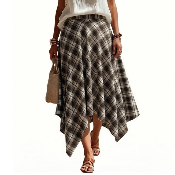Atkumj High Waist Skirt for Women Trendy Plaid Asymmetrical Hem Womens Midi Skirt A Casual Vintage Skirt for Daily Wear L