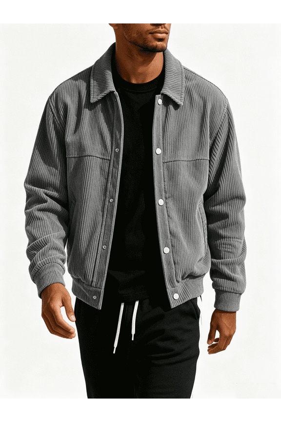 Jackets for Men with Zip Pockets Fashion Vertical Raised Ribbed Stand Collar Long Sleeve Outerwear Button Front Solid Color Elastic Cuffs Fall Jackets for Daily Wear 3XL