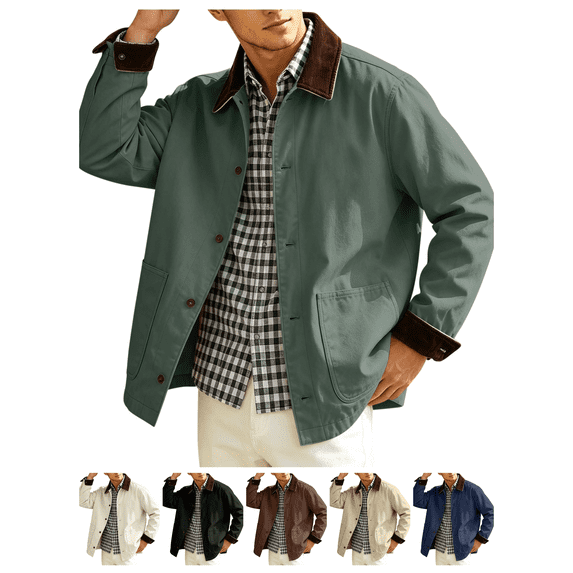 Atkumj Jackets for Men Fashion Button Front Corduroy Collar Cuffs Fall Jacket Casual Classic Lapel Work Coat with Two Pockets