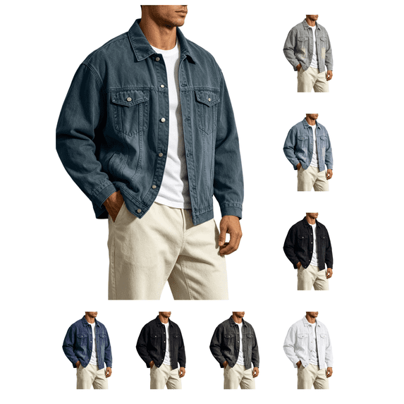 Atkumj Jean Jacket Men Classic Button Down Trucker Style Denim Jackets Casual Long Sleeve Solid Color Fall Jackets with Two Chest Pockets
