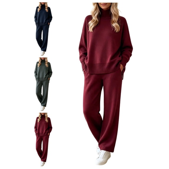 Atkumj Knit Sets Two Piece Women Stylish Ribbed Mock Neck Long Sleeve and Wide Leg Pants Suits 2 Piece Set Casual Loose Solid Color Two Piece Sets for Women Fall M
