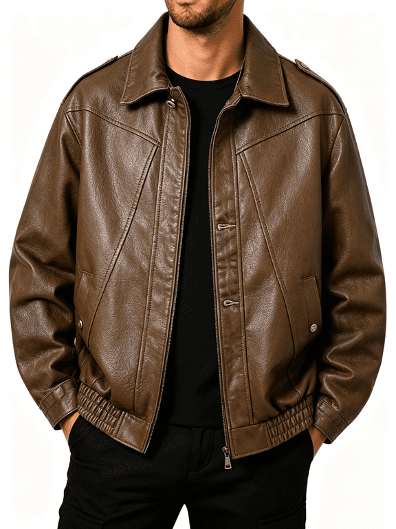 Leather Jacket Men with Pockets Fashion Lapel Full Zip Bomber Jacket Casual Loose Solid Color Rain Coat Mens for City Walking L