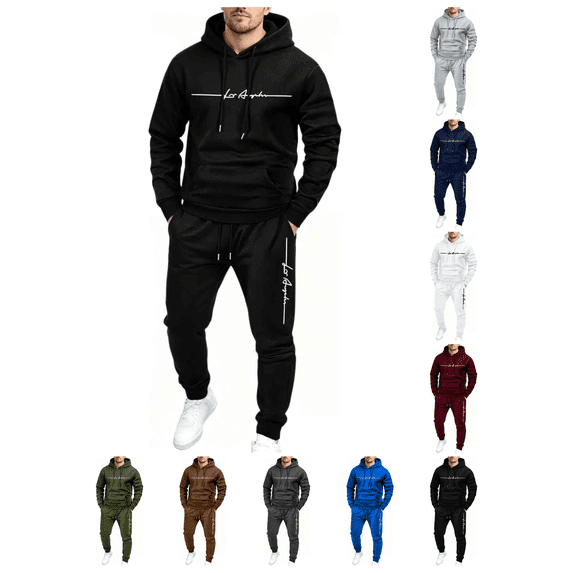 Atkumj Letter Graphic Sweatsuits for Men Casual Gym 2 Piece Outfits Long Sleeve Drawstring Hoodie Sweatpants Set with Pockets