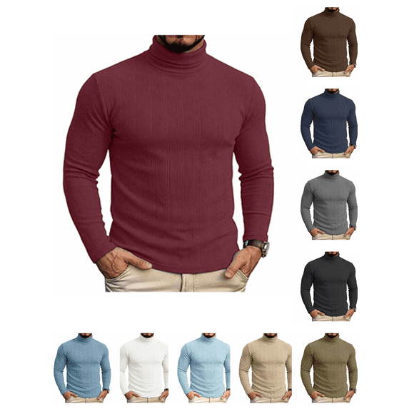 Atkumj Lightweight Sweaters for Men Casual Warm Turtleneck Ribbed Men Undershirts Versatile Slim Fit Solid Color Long Sleeve Pullover Sweater for Daily Wear 2XL