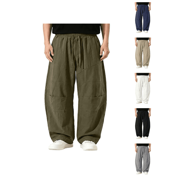Atkumj Linen Pants Men with Pockets Fashion Elastic Waist Drawstring Pants Casual Solid Color Straight Leg Men Trousers Pants for Daily Wear 2XL