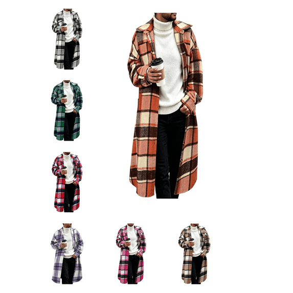 Atkumj Long Plaid Trench Coat Men Trendy Turndown Collar Button Down Overcoat Casual Long Sleeve Winter Coats with Side Pockets L