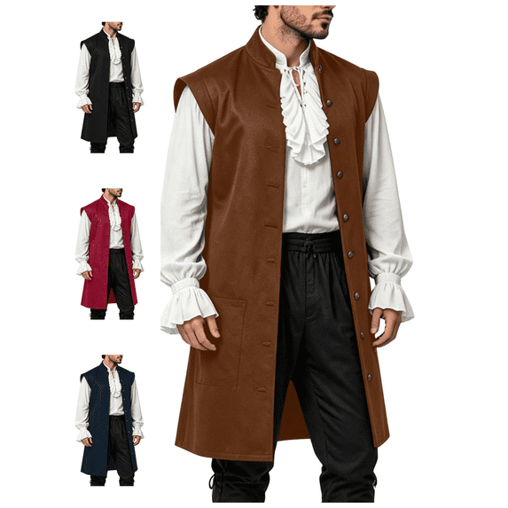 Atkumj Medieval Vest for Men Trendy Solid Color Long Waistcoat Vintage Stand Collar Front Patch Pockets Button Down Sleeveless Vest