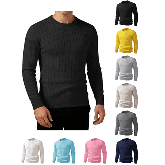 Atkumj Men Undershirts Casual Ribbed Vertical Rib Knit Crew Neck Sweaters Versatile Slim Fit Solid Color Long Sleeve Mens Pullover Sweaters for Fall Winter L