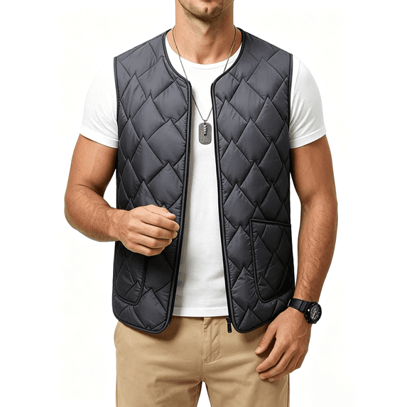 Atkumj Men Vest Warm Round Neck Zip Up Diamond Quilted Vest Casual Puffl Solid Color Men Sleeveless Outerwear for Fall Winter 2XL