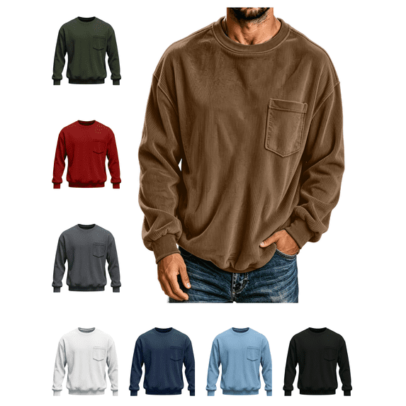 Atkumj Men's Corduroy Sweatshirts Casual Solid Color Crewneck Sweatshirt Fashion Fall Ribbed Texture Long Sleeve Pullover Tops with Chest Pocket S