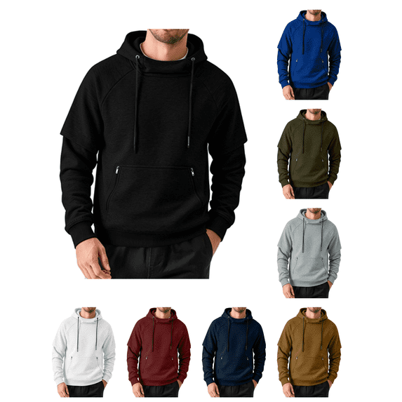 Atkumj Men's Pullover Hoodies with Zip Front Kangaroo Pocket Casual Solid Color Long Sleeve Hooded Sweatshirts 2XL