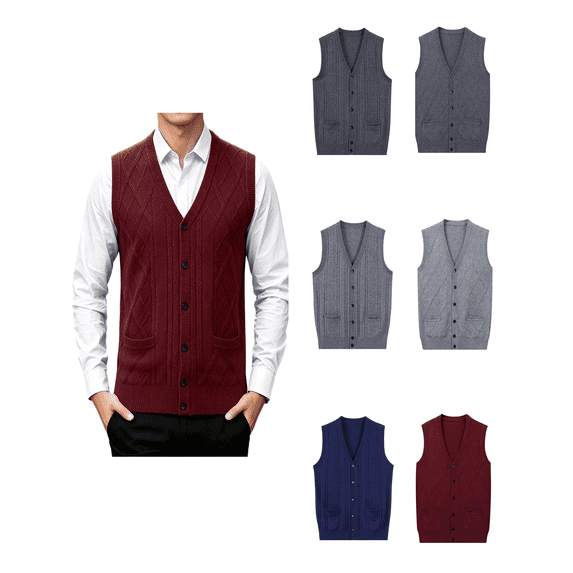 Atkumj Men's Sweater Vests with Front Pockets Comfy Cable Knit Button Pullover Sweaters Vest Casual Solid Color Sleeveless Fall Vest XL