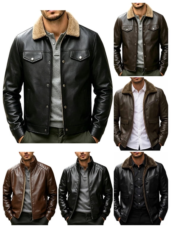 Mens Bomber Jacket Fashion Stand Collar Zip Up Outdoor Faux Leather Jacket Casual Solid Color Fleece Lined Warm Jackets for Men 5XL