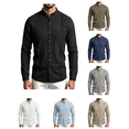 thumbnail image 1 of Atkumj Mens Linen Shirts Fashion Stand Collar Chest Pocket Button Down Shirt Casual Solid Color Long Sleeve Shirts L, 1 of 10