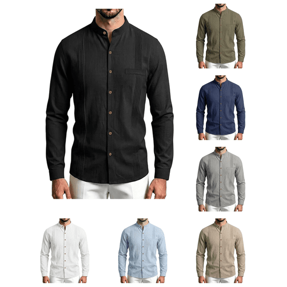 Atkumj Mens Linen Shirts Fashion Stand Collar Chest Pocket Button Down Shirt Casual Solid Color Long Sleeve Shirts L