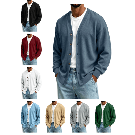 Atkumj Mens V Neck Sweater Comfortable Fashion Button Down Knit Cardigan Casual Solid Color Long Sleeve Fall Sweater S
