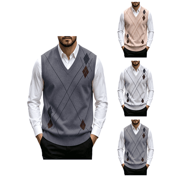 Atkumj Mens Vests Casual Argyle Pattern V Neck Sleeveless Pullover Sweater Versatile Lightweight Winter Knit Vest Tops for Everyday Outfit XL