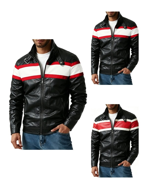 Motorcycle Jacket Men Trendy Color Block Stand Collar Zip Up Pu Leather Jacket Vintage Loose Long Sleeve Waterproof Jackets for Men for Outdoor Activity L