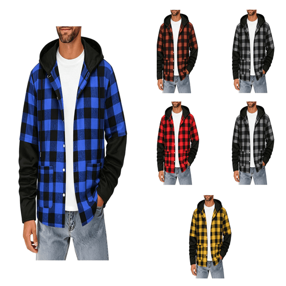 Atkumj Plaid Hoodies for Men Fashion Fall Button Down Jacket with Black Hood Casual Comfortable Long Sleeve Hoodie with Pockets L