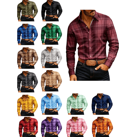 Atkumj Plaid Long Sleeve Shirts for Men Dressy Casual Turndown Collar Button Down Shirt Casual Formal Business Dress Shirts with Chest Pocket 3XL