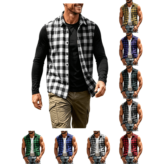 Atkumj Plaid Vest for Men Versatile Turn Down Collar Button Up Vest Fashion Loose Color Block Sleeveless Shirts for Men for Relaxed Daily Outfit L
