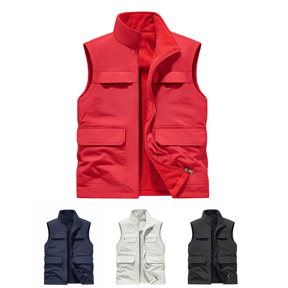 Atkumj Plus Size Cargo Vest for Men with Multiple Pockets Trendy Solid Color Stand Collar Fleece Vest Casual Sleeveless Full Zip Winter Vest M
