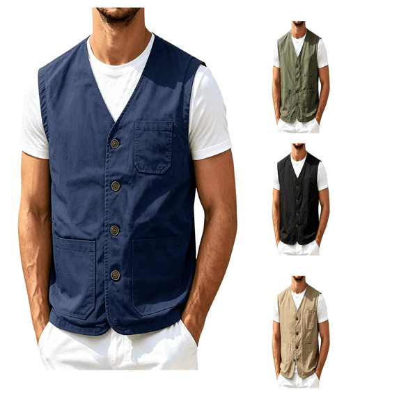 Atkumj Plus Size Cotton Vest for Men Trendy Button Up V Neck Vest Casual Sports Solid Color Sleeveless Outerwear Vest with Multiple Pockets S