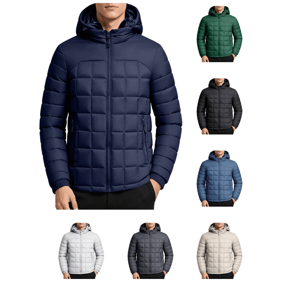 Atkumj Plus Size Puffer Jackets for Men Casual Solid Color Long Sleeve Winter Jackets Fashion Warm Hooded Full Zip Winter Coats XL