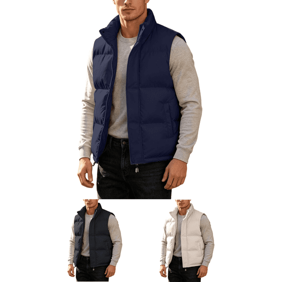 Atkumj Puffy Vest for Men Warm Comfy Stand Collar Sleeveless Puffer Vest Casual Solid Color Zip Up Winter Vest Outerwear with Pockets XXS