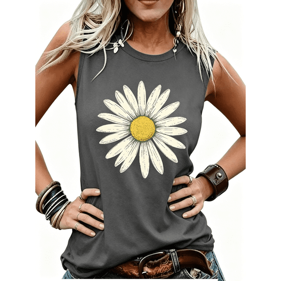 Atkumj Sleeveless Graphic Tees for Women Casual Round Neck Print Tank Tops Trendy Comfy Versatile Going Out Summer Tops M