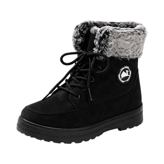 Atkumj Snow Boots for Women Trendy Flock Round Toe Lase Faux Fur Lined Shoes Warm Traction Flat Womens Lace Up Boots for Winter 44