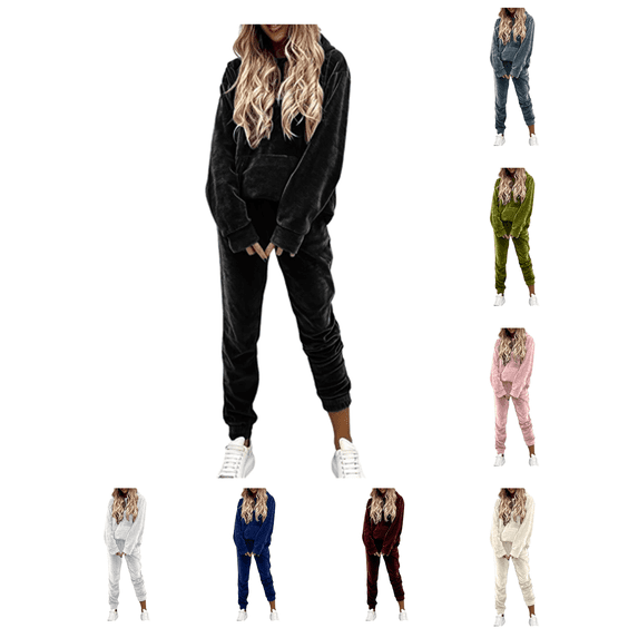 Atkumj Sweat Outfits for Women 2 Pieces Warm Velvet Hoodie and Elastic Waist Sweatpants Jogging Suits Casual Solid Color Womens Track Suit for Outdoor Activity M