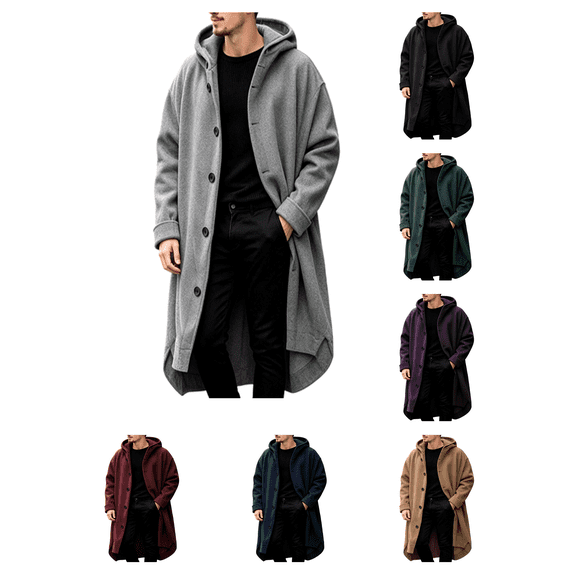 Atkumj Trench Coat Men Solid Color Hooded Long Winter Overcoat Stylish Long Sleeve Button Down Front Winter Coats S