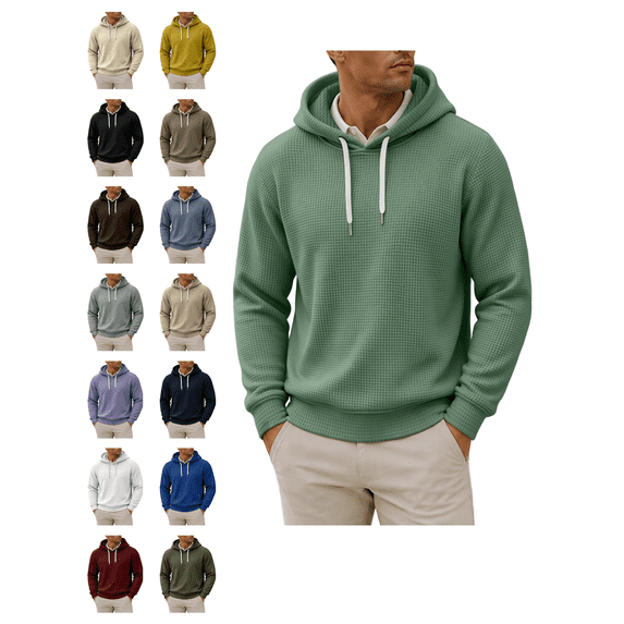 Atkumj Waffle Hoodies for Men Trendy Adjustable Drawstring Hooded Sweatshirt Casual Solid Color Long Sleeve Pullover Hoodie