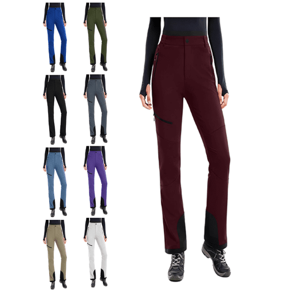 Atkumj Waterproof Snow Pants Womens with Zip Pockets Button Fleece Ski Pants Casual Color Block Straight Leg Hiking Pants Women for Outdoor Activity L
