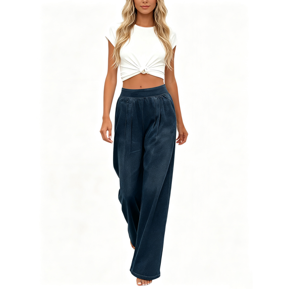 Atkumj Wide Leg Pants for Women Comfortable Baggy Elastic High Waist Yoga Pants with Pockets Versatile Solid Coloe Faux Denim Trousers Pants for Women S
