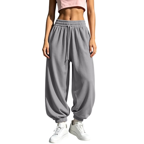 Atkumj Wide Leg Sweatpants Women Casual Elastic Waist and Elastic Rib Ankle Cuffs Long Joggers Pants with Side Pockets Plain Solid Color Wide Leg Pants Woman for Outdoor Sports S