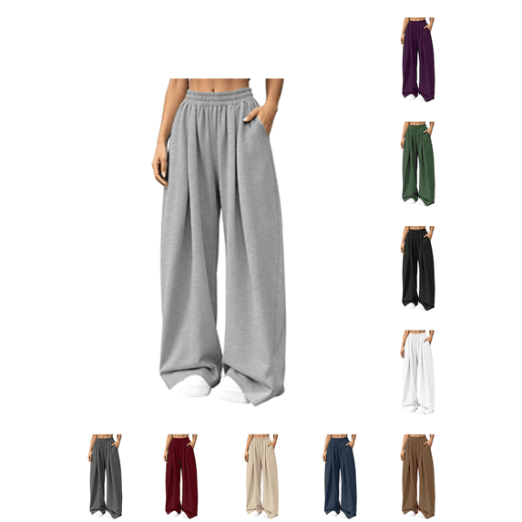 Atkumj Wide Leg Sweatpants Women with Side Pockets Elastic Waist Loose Pants Casual Solid Color Palazzo Pants for Women for Fall Winter L