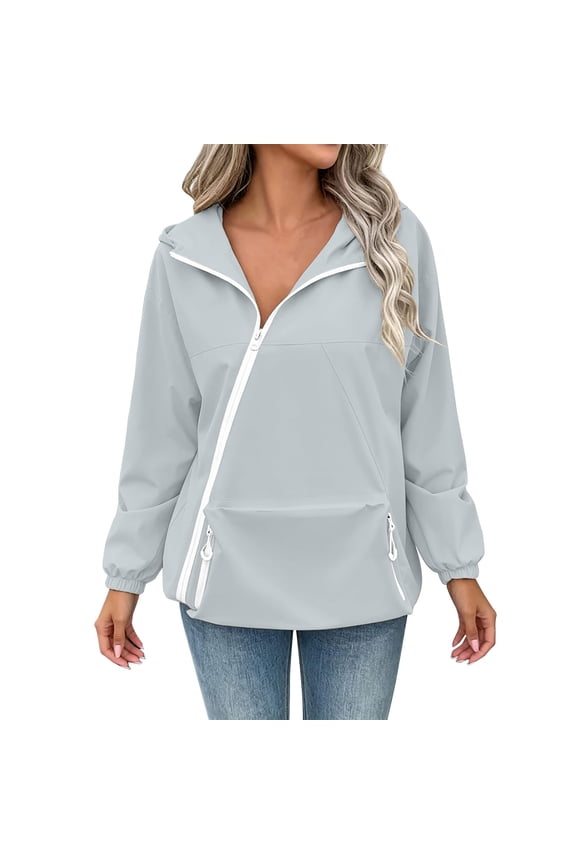 Windbreaker Jackets for Women Stylish Side Full Zip Front and Zip Pockets Drawstring Hem Long Sleeve Hoodies Elastic Cuffs Plain Rain Jacket Women for Daily Wear S