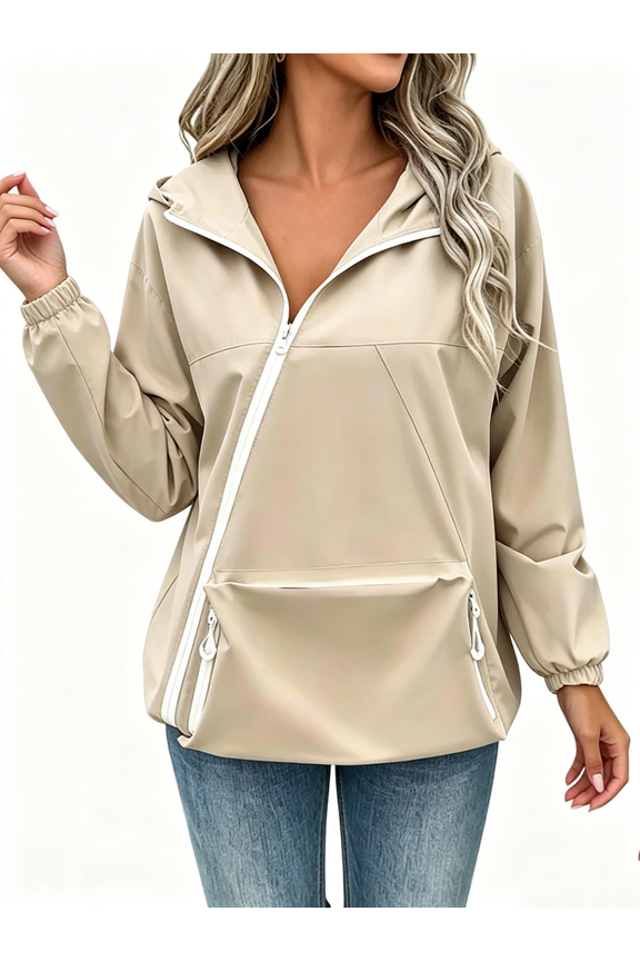 Windbreaker Jackets for Women Stylish Side Full Zip Front and Zip Pockets Drawstring Hem Long Sleeve Hoodies Elastic Cuffs Plain Rain Jacket Women for Daily Wear XL