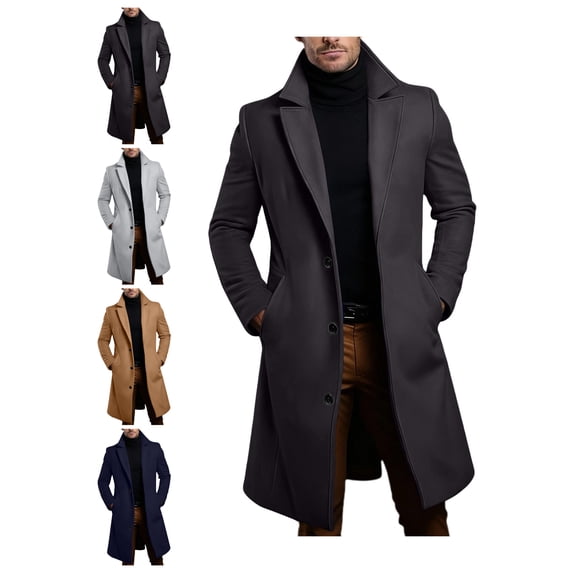 Atkumj Winter Trench Coat Men Fashion Lapel Faux Wool Button Down Cardigans Oversized Solid Color Mid Length Trench Coat for Fall Winter 4XL