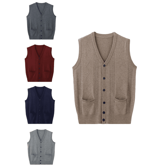 Atkumj Winter Vest Men with Front Pockets Trendy Ribbed V Neck Knit Sweater Vest Casual Sleeveless Solid Color Button Up Vest XL