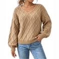 thumbnail image 1 of Atkumj Women Pullover Sweater Womens Trendy V Neck Long Sleeve Lattice Cable Knit Sweater Casual Solid Color Lightweight Sweaters for Women S, 1 of 8