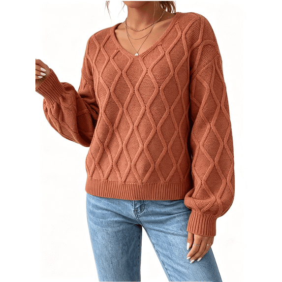 Atkumj Women Pullover Sweater Womens Trendy V Neck Long Sleeve Lattice Cable Knit Sweater Casual Solid Color Lightweight Sweaters for Women XL