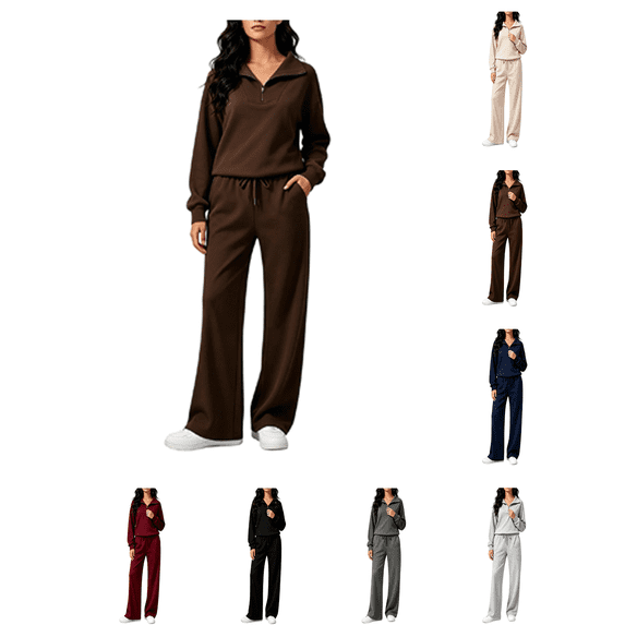 Atkumj Womens 2 Piece Sweatsuits Sets Stylish Half Zip Stand Collar Sweatshirts and Drawstring Straight Leg Sweatpants Tracksuit Set Casual Solid Color Fall Sets for Women with Pockets S